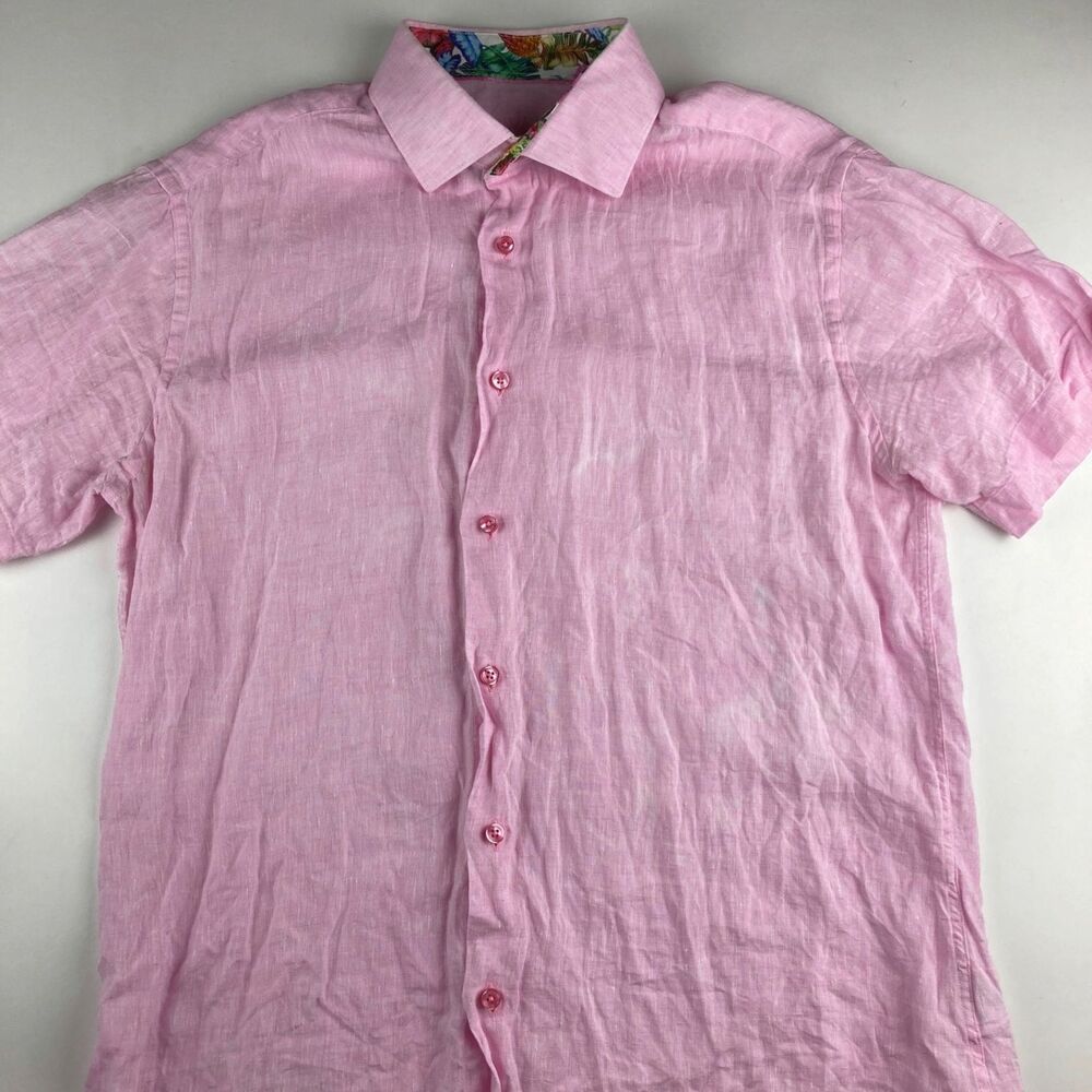 Bertigo 100% Linen Pink Short Sleeve Button Front Shirt Mens Large Tropical Trim
